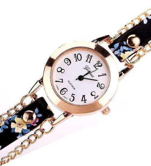 Flower Black Wrap Golden Chains Wrist Watch Quartz Analog