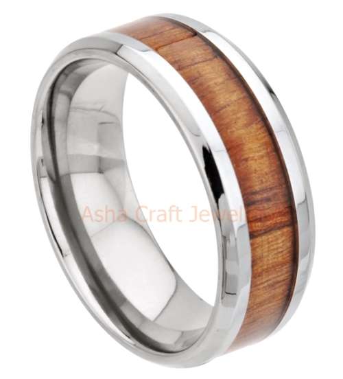 MENS WOOD INLAY 316L STAINLESS STEEL BAND. RING SIZE 12 / X and a Half