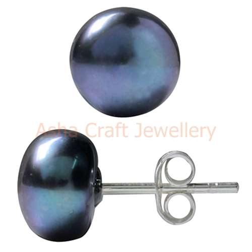Genuine, REAL, Solid 925 Sterling Silver, 9MM Freshwater Black Pearl Studs