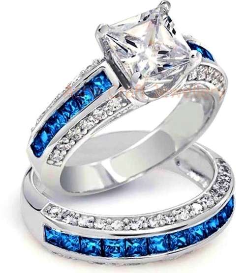 EXCLUSIVE! [R4900.00] 10KT White Gold filled 3.27ct Cr.Sapphire & Topaz Wedding Ring Set. Size 10/U