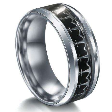 ANCHOR Black 8mm Stainless Steel Mens Band - Ring size 9 / R+