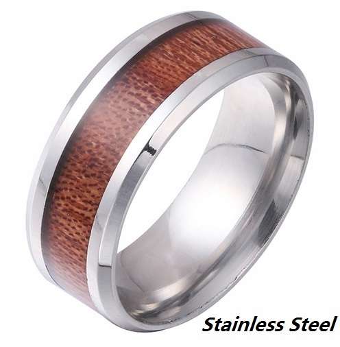 ***REDUCED PRICE!*** INSPIRED WOOD INLAY 316L STAINLESS STEEL BAND. RING SIZE 13 / Z+1