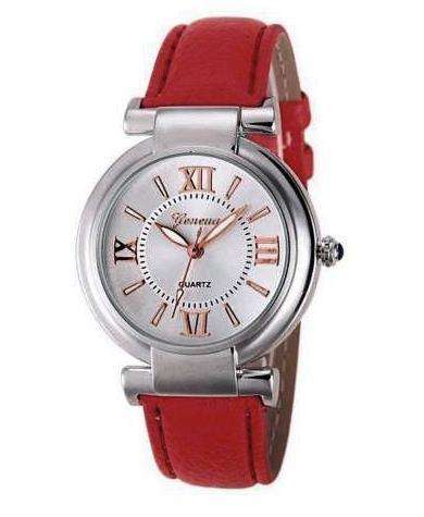 Geneva Quartz Watch Leather Red, Silver Trim, Stainless Steel Back, W5737