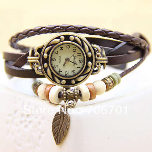 Genuine Brown Leather Charm Bracelet Watch