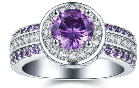 GORGEOUS! Round Purple Cr.Amethyst & Accents Halo Designer Ring - Size 6/M