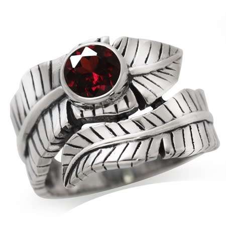 REAL SILVER! Fine 925 Sterling Silver Ring Leaf, 0.95ct Garnet Natural Gemstone. Size 7/O
