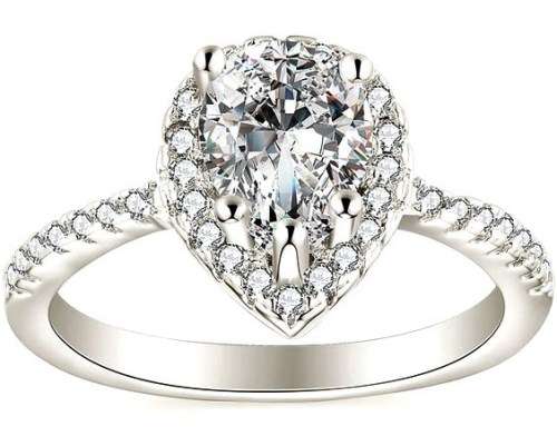 R1 Auction! 1.55ct Sparkling Cr.Diamond Pear cut Halo w/Accents Engagement Ring - Size 8/P-Q/18.0mm