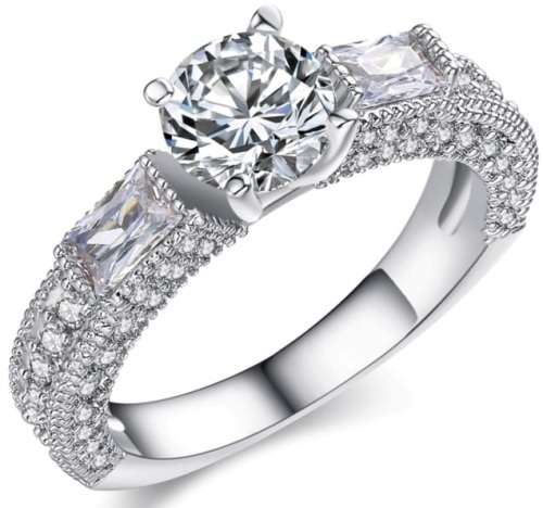 BAGUETTE PAVE Sparkling Cr.Diamond Engagement Ring. Size 7 / N+ / 17.3mm