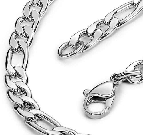 7mm Figaro Link 316L Solid Stainless Steel Bracelet Wrist Chain - 22cm