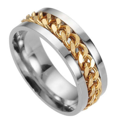 Golden Chain Inlay Wedding Band Ring, Genuine Stainless Steel. Size 10 | T/U