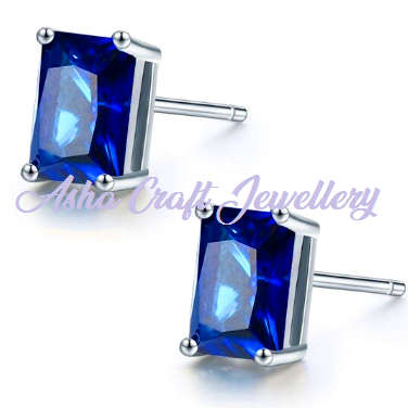 Sapphire Blue CZ Rectangular Stud Earrings