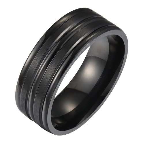 ASHA CRAFT - Mens Black Stainless Steel Grooved Wedding Band. Ring Size 9