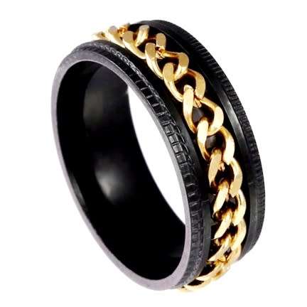 ASHA CRAFT - Mens Black Steel Gold Chain Detail Band. Ring Size 10
