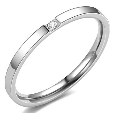 ASHA CRAFT - 2mm Thin White CZ Accent Stainless Steel Ring. Size 7