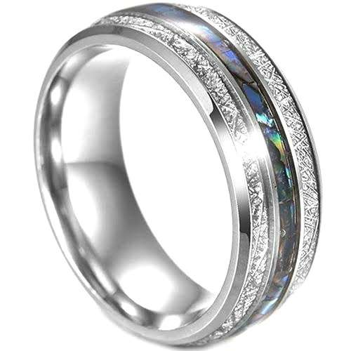 Abalone and Meteorite Design 8mm Band Ring. Size 9