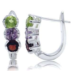 ASHA CRAFT - 1.98ct Genuine Amethyst, Peridot, Garnet 925 Sterling Silver Huggie Earrings