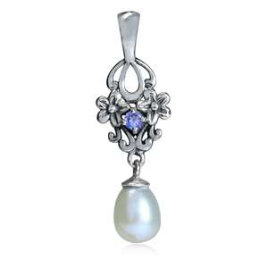 Exquisite Natural Tanzanite and Freshwater Pearl 925 Sterling Silver Pendant