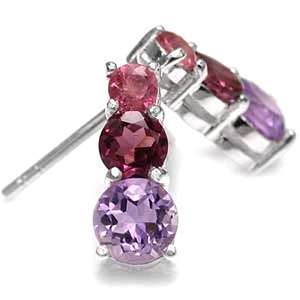 Natural Amethyst, Rhodolite & Pink Tourmaline 925 Sterling Silver Earrings