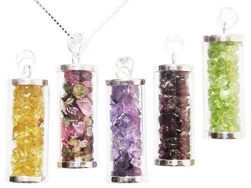 Precious Gemstones in a Tube Silvertone Pendant - AMETHYST