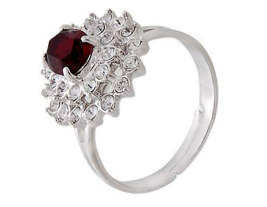 RED APPLE Garnet Red and White Crystal Cocktail Ring. Adjustable Size 8/Q /18mm