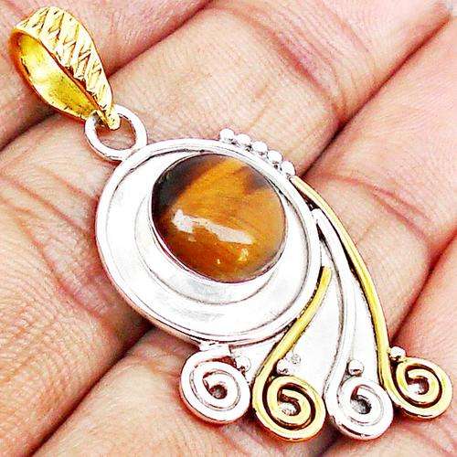 10KT GOLD VERMEIL NATURAL VICTORIAN TIGERS EYE GEMSTONE 925 SILVER PENDANT