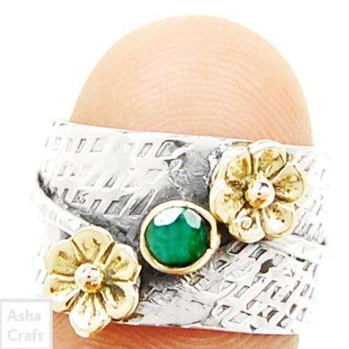 handcraft 9CT YELLOW GOLD VERMEIL 925 STERLING SILVER EMERALD RING