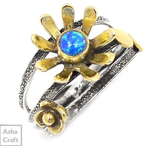 handcraft 9CT YELLOW GOLD VERMEIL FIRE OPAL 925 STERLING SILVER RING