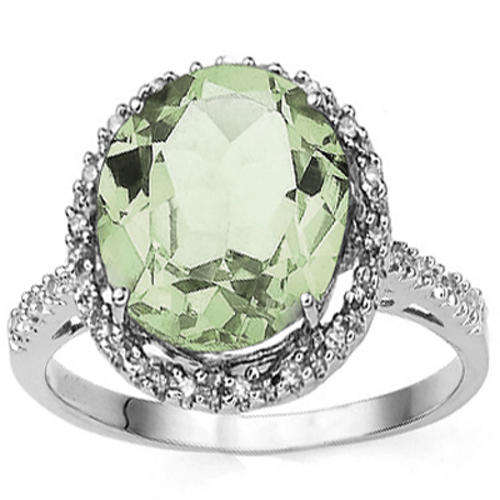 SPARKLING 4.23 CT GREEN AMETHYST & 2 PCS GENUINE DIAMOND PLATINUM OVER 0.925 STERLING SILVER RING