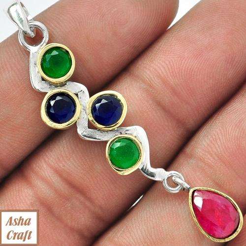 18K GOLD VERMEIL TWO TONE 6.00CARAT SAPPHIRE, EMERALD, RUBY PENDANT JEWELRY