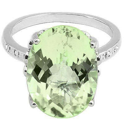 HUGE 8.20 CT Green Amethyst & White Diamonds Platinum Over 0.925 Sterling Silver Ring