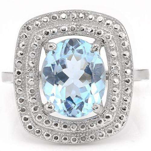 Brilliant 3.13 CT Blue Topaz and White Diamonds Platinum Over 0.925 Sterling Silver Ring