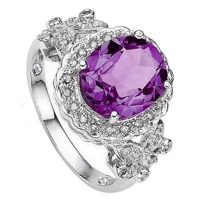 EXCLUSIVE 3.55 CT AMETHYST & GENUINE DIAMONDS PLATINUM OVER 0.925 STERLING SILVER RING