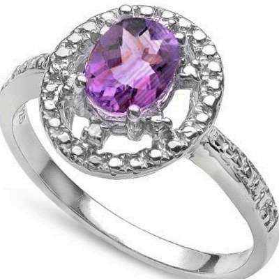 Beautiful 0.75 CT Amethyst & White Diamonds Platinum/925 Sterling Silver Ring
