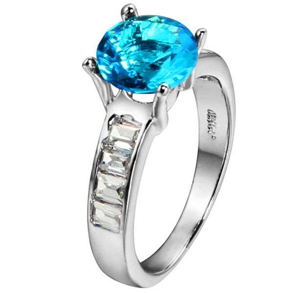 18K WHITE GOLD PLATED BLUE AND WHITE CZ RING