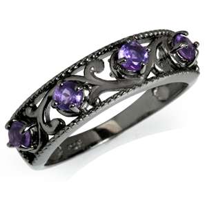 0.48ct. 4-Stone Natural Amethyst BLACK 925 Solid Silver Filigree Ring. Size 10