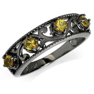 0.48ct. 4-Stone Natural Citrine BLACK 925 Solid Silver Filigree Ring. Size 7