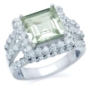 3ct Genuine Green Amethyst, White Topaz Princess Halo Engagement Ring. Size 7/O