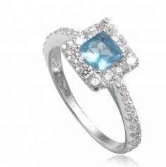 Lab Blue Topaz Halo Ring* Genuine 925 STERLING SILVER* Size 8 [Q]