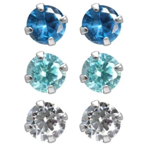 6-Piece 5MM Blue & White CZ 925 Sterling Silver Stud Earrings Set
