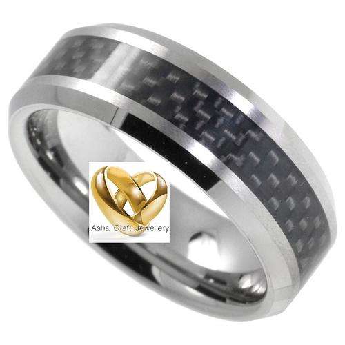 Carbon Fibre effect inlay 316L Stainless Steel Ring. Size 9