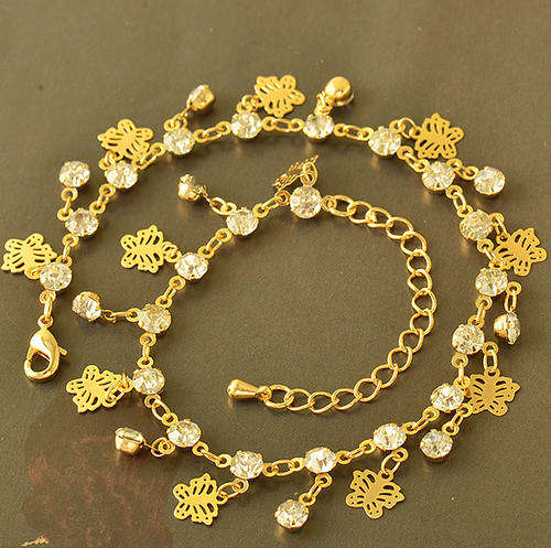 9K Yellow Gold Filled Round CZ Butterfly Womens Anklet