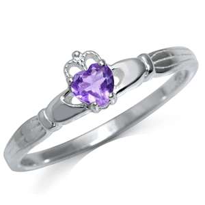 0.2ct Genuine Amethyst 925 Sterling Silver Claddagh Ring. Size 6.5 / N