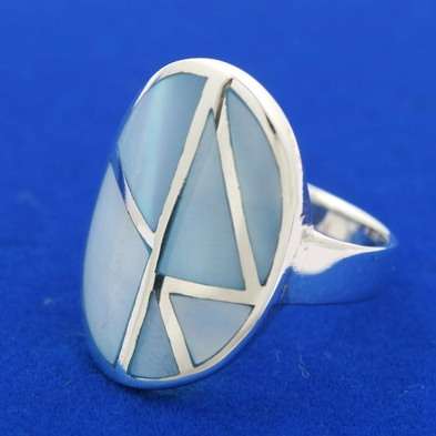 Size 6 / M - Genuine Blue Mother-of-Pearl Ring designed in 925 Sterling Silver (8001)