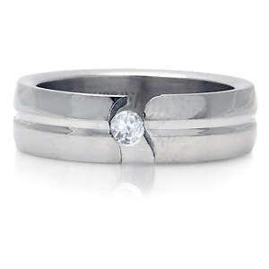 Size 8.5 / R - Authentic Stainless Steel & Cr. Diamond Wedding Band Ring  (9101)