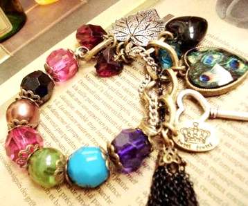 Bohemia Style Lovely heart Peacock leaf key Charm Bracelet