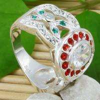 ASHA CRAFT - White, Red, Green CZ 925 Sterling Silver Ring - Size 7 / O