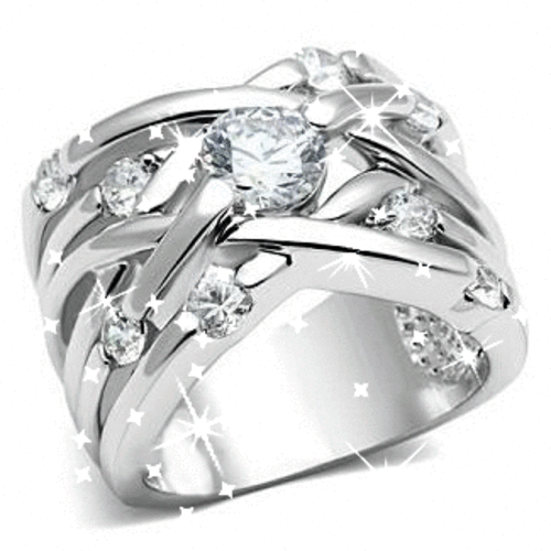 "Stunning" Dress Ring with a Broad Band with CZ Diamonds - Size 9