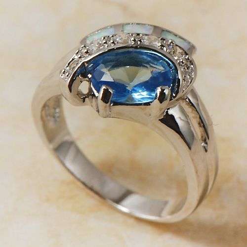 White Fire Opal Blue Topaz Zircon Silver Ring - Size 8/P