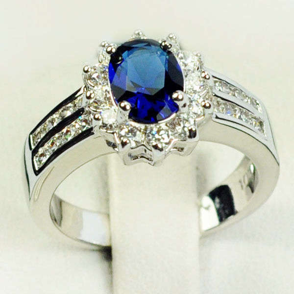 Blue Sapphire Ring White Gold Filled Ring - Size 9