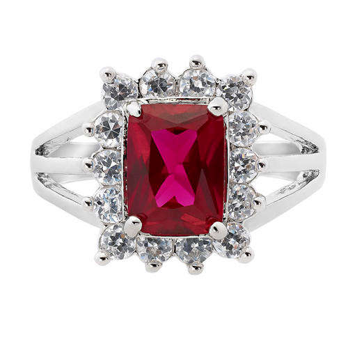 Emerald Cut Rose Red Ruby Fine Clear Topaz Ring - Size 8